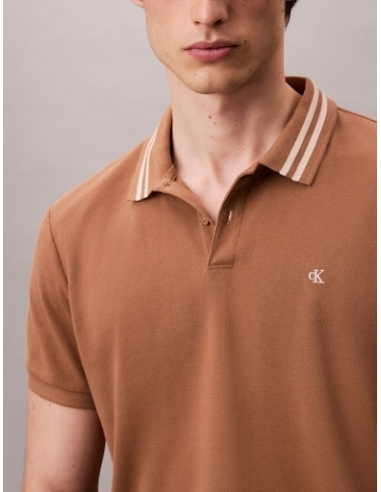 Polo męskie kolor brązowy Calvin Klein - detale przód